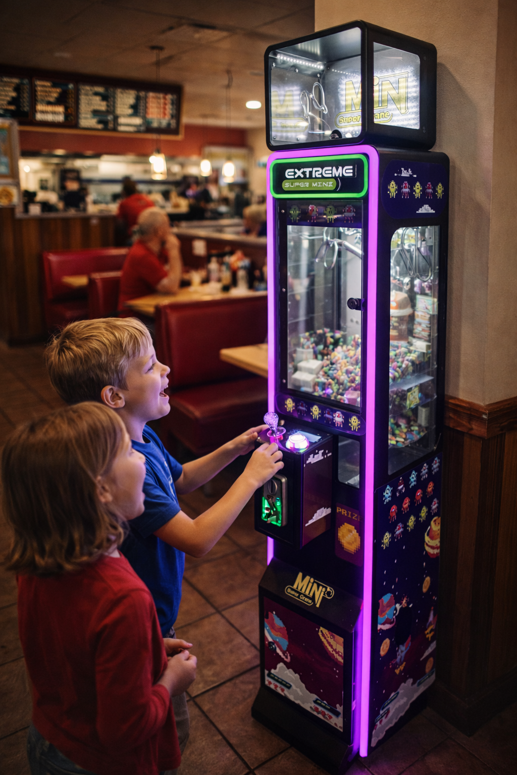 Kids playing a Super Claw Bros claw machine in a restaurant